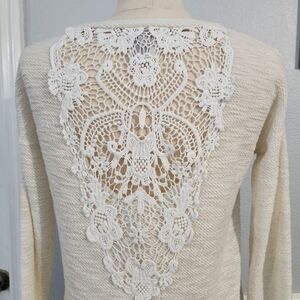 Women's Cream V-Neck Sweater With Crochet Back